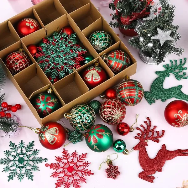 Christmas Tree Ornaments, Green Red Christmas Ball Ornaments Set of 40 Pack Shatterproof Plastic Xmas Decorations for Home Party Tree