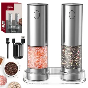 Electric Salt and Pepper Grinder Set USB Rechargeable with Adjustable Coarseness Stainless Steel Automatic Salt n Pepper Mill Grinders Refillable with light