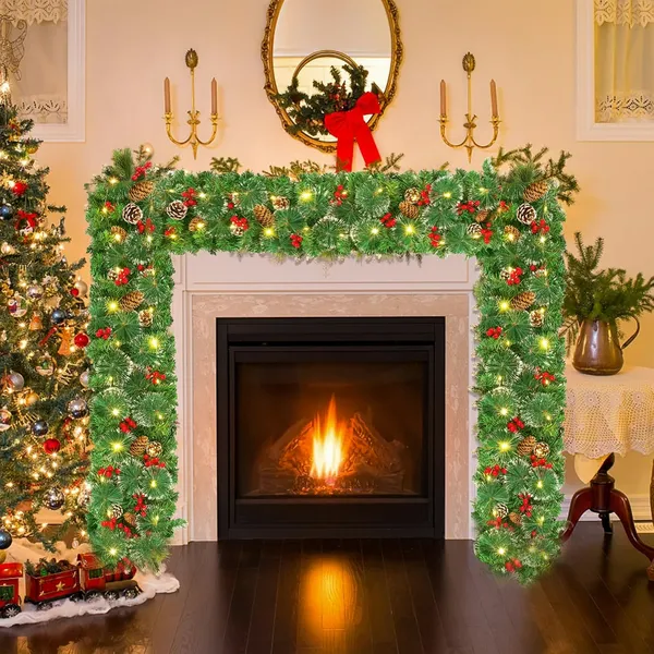 Pre-Lit Christmas Garland with Lights, 50 LEDs 9FT Christmas Garland Battery Operated Christmas Decoration Lighted Garland for Stairs Railing Fireplace Mantle Front Door Home Holiday Decor