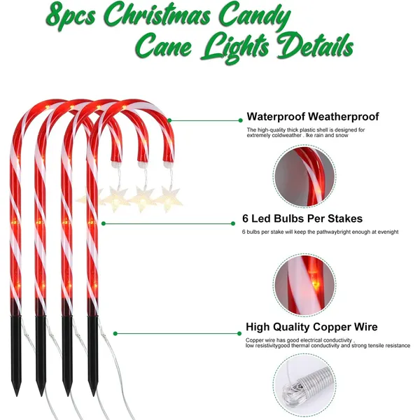 19" Christmas Candy Cane Lights, 8 Packs Christmas Pathway Marker Candy 8 Modes Solar Lights Walkway Outdoor Markers with Stakes for Garden Patio Christmas Decorations