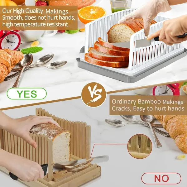 Bread Slicer for Homemade Bread, Bread Slicing Guide Adjustable Width, Foldable and Compact Cutting Guide with Crumb Tray, Suitability for Homemade Bread, Bagels, Cakes.