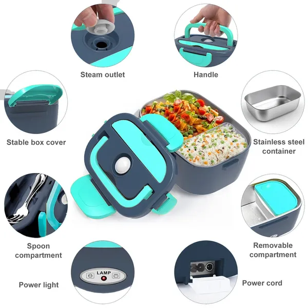 Lunch Box Food Heater 2-In-1 Portable Food Warmer Lunch Box & Home – Leak Proof, 2 Compartments, Removable 304 Stainless Steel Container, SS Fork & Spoon and Carry Bag