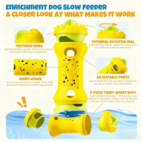 URRU Dog Treat Dispenser Toys,Interactive Dog Puzzle Toy for Dogs,Dog Puzzle Feeder,Treat Dispensing Dog Toys Slow Feeder for Small Medium Dogs to Keep them Busy-Yellow
