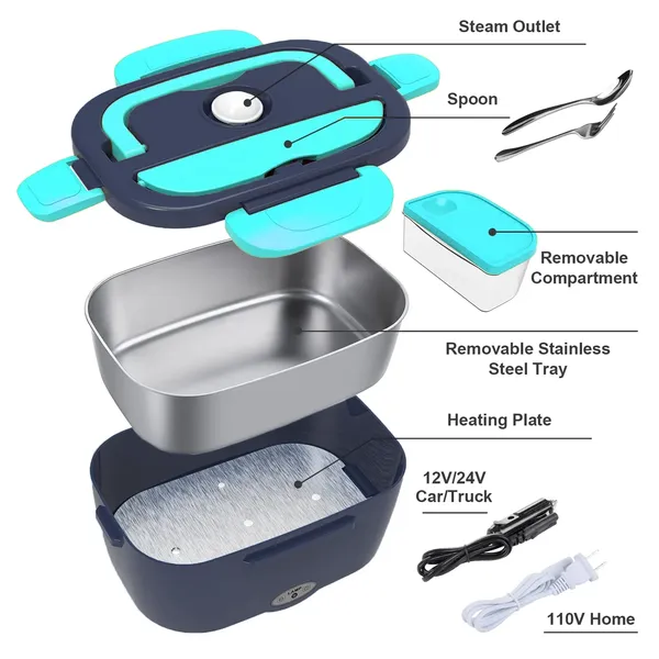 Lunch Box Food Heater 2-In-1 Portable Food Warmer Lunch Box & Home – Leak Proof, 2 Compartments, Removable 304 Stainless Steel Container, SS Fork & Spoon and Carry Bag