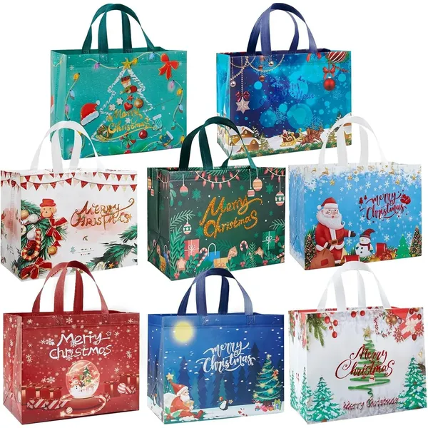 8 Pack Christmas Large Gift Bags with Handles, Non-Woven Tote Bags for Wrapping Xmas Party Favors, 12.8"x9.8"x6.7