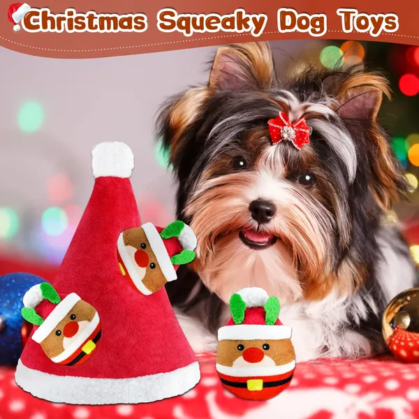 Christmas Squeaky Dog Toys 4 Pack Hide and Seek Dog Toys Christmas Hat Plush Dog Toys for Puppy Small Medium Breeds