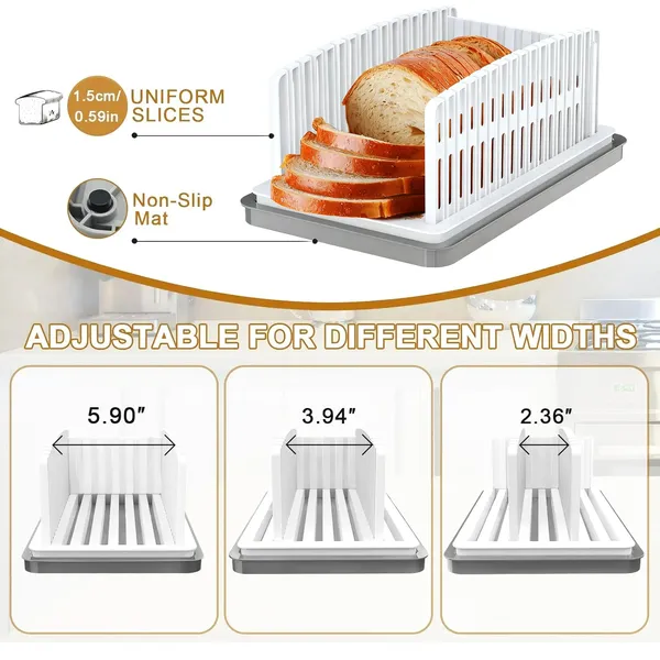Bread Slicer for Homemade Bread, Bread Slicing Guide Adjustable Width, Foldable and Compact Cutting Guide with Crumb Tray, Suitability for Homemade Bread, Bagels, Cakes.