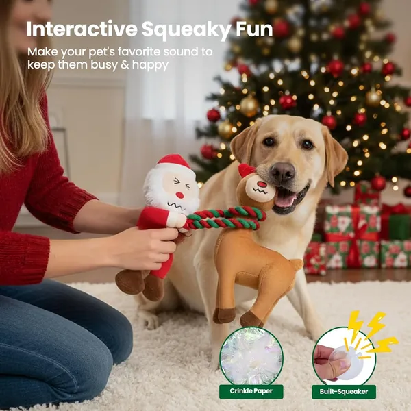 Christmas Dog Toys - 2 Pack Squeaky Stuffed Toys for Large Medium Small Dogs With Detachable Rope, Crinkle to Keep Them Busy - Santa Claus & Reindeer