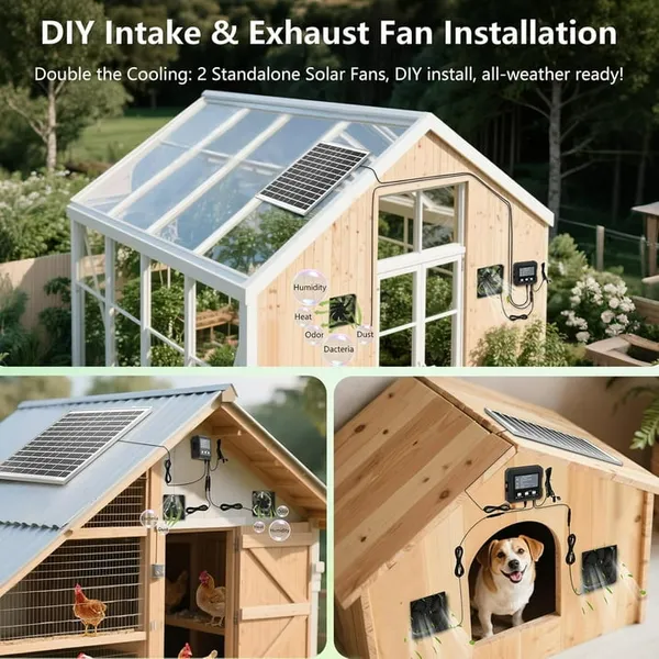 25W Solar Fan for Chicken Coop with Battery, Solar Exhaust Fan for Shed & Greenhouse, 3 Modes Controller (Continuous/Timer/Motion Sensor), Solar Powered Fan for Intake or Exhaust Vent Cooling
