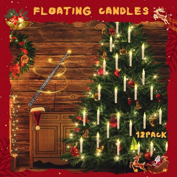 12 Pcs Floating Candles with Wand, Magic Hanging Candles Flameless, Flickering Warm Light LED Taper Candle with Wand Remote, Battery Operated Window Candle for Halloween Witch Wizzard Decor
