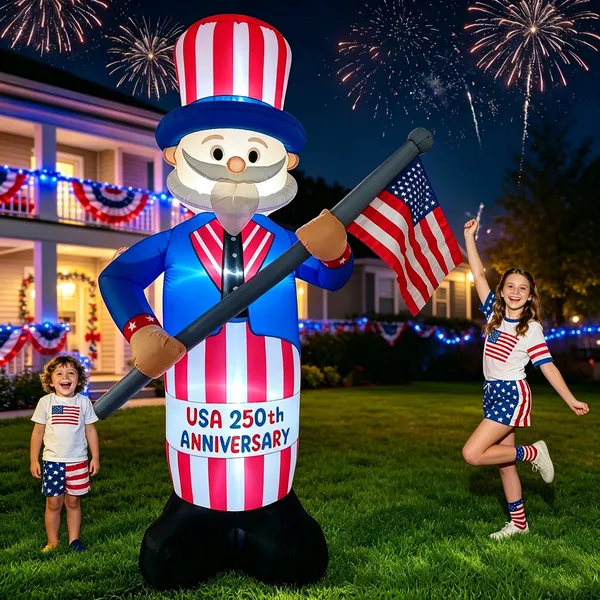8FT 250th Anniversary 4th of July Inflatables Outdoor Decorations Patriotic Blow Up Yard Decorations with LED Lights Fourth of July Memorial Independence Day Party Garden Holiday Outside Decor