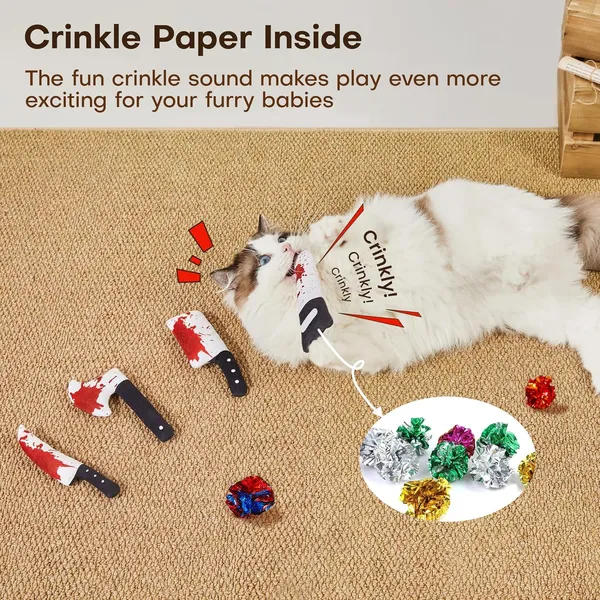 URRU 4Pcs Cat Toys, Horror Halloween Knife-Shaped Kitten Catnip Crinkly Sound Toys, Indoor Exercise for All Cat Breeds 6.5 Inches