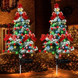 2PCS Solar Christmas Trees Lights Outdoor Decor Waterproof, 40LED Small Metal Xmas Tree Pathway Lights, Garden Stake Lights Yard Decor with Snow 2 Modes for Path Lawn Patio