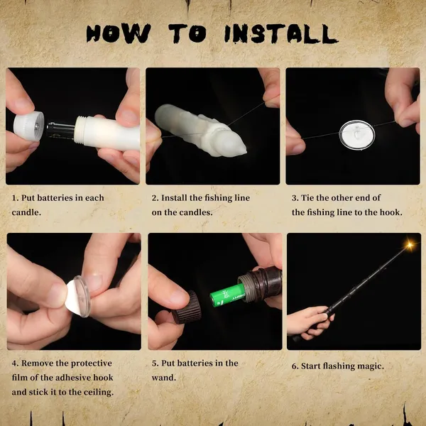 12 Pcs Floating Candles with Wand, Magic Hanging Candles Flameless, Flickering Warm Light LED Taper Candle with Wand Remote, Battery Operated Window Candle for Halloween Witch Wizzard Decor