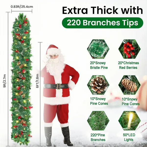 Pre-Lit Christmas Garland with Lights, 50 LEDs 9FT Christmas Garland Battery Operated Christmas Decoration Lighted Garland for Stairs Railing Fireplace Mantle Front Door Home Holiday Decor