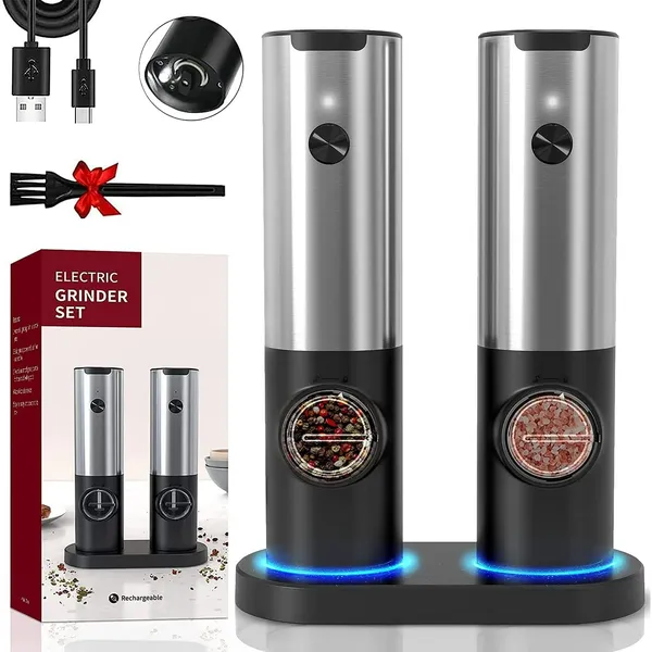 Rechargeable Electric Salt and Pepper Grinder Set, Stainless Steel