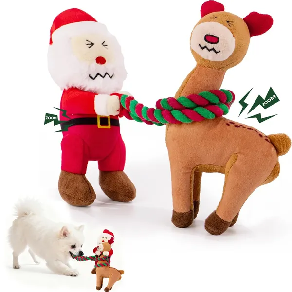Christmas Dog Toys - 2 Pack Squeaky Stuffed Toys for Large Medium Small Dogs With Detachable Rope, Crinkle to Keep Them Busy - Santa Claus & Reindeer