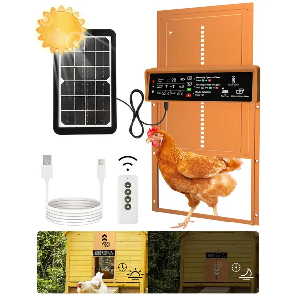 Automatic Chicken Coop Door Solar Powered Automatic Chicken Door with Timer & Light Sensor, Anti-Pinch, Durable Aluminum Auto Chicken Door, Charge with Solar Panel & USB