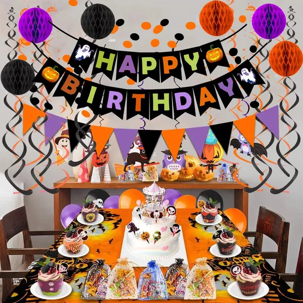 Jripae Halloween Birthday Decorations - Happy Birthday Banner with Honeycomb Ball, Halloween Hanging Swirl Streamer, Circle Dot Garland Decorations - Halloween theme Birthday Party Decoration
