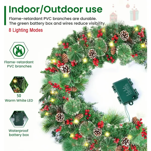 Pre-Lit Christmas Garland with Lights, 50 LEDs 9FT Christmas Garland Battery Operated Christmas Decoration Lighted Garland for Stairs Railing Fireplace Mantle Front Door Home Holiday Decor