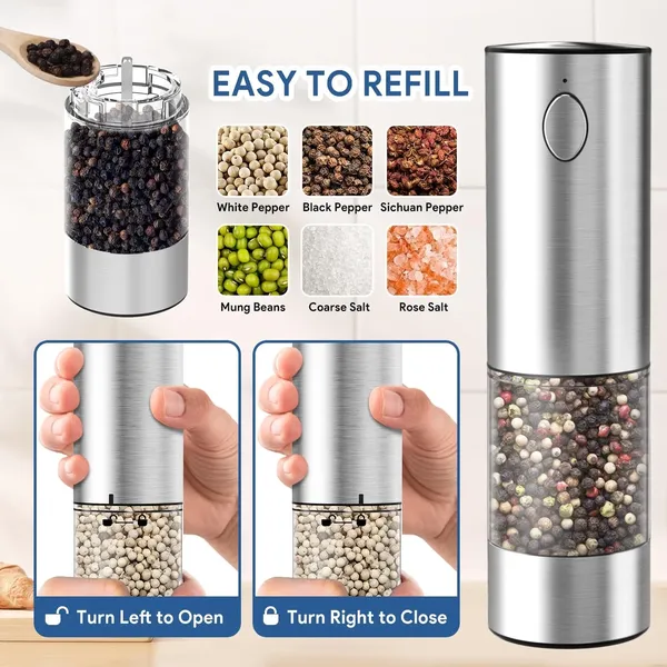 Electric Salt and Pepper Grinder Set USB Rechargeable with Adjustable Coarseness Stainless Steel Automatic Salt n Pepper Mill Grinders Refillable with light