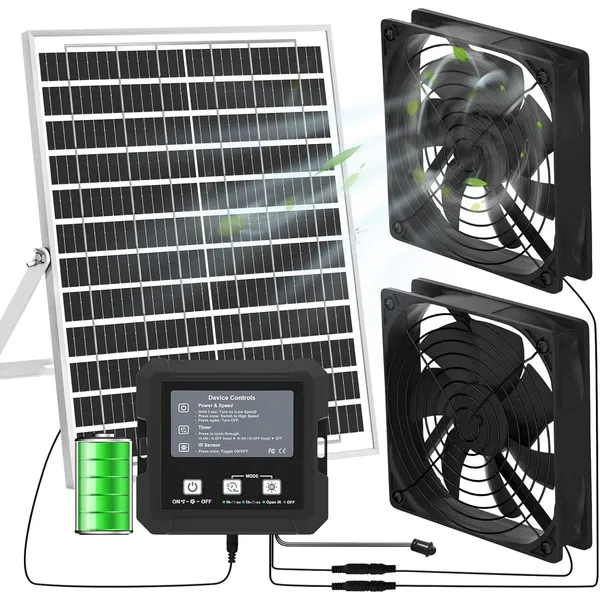 25W Solar Fan for Chicken Coop with Battery, Solar Exhaust Fan for Shed & Greenhouse, 3 Modes Controller (Continuous/Timer/Motion Sensor), Solar Powered Fan for Intake or Exhaust Vent Cooling