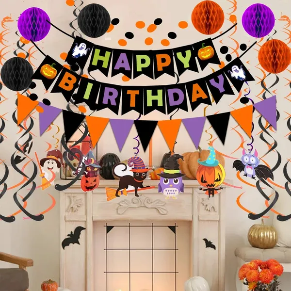 Jripae Halloween Birthday Decorations - Happy Birthday Banner with Honeycomb Ball, Halloween Hanging Swirl Streamer, Circle Dot Garland Decorations - Halloween theme Birthday Party Decoration