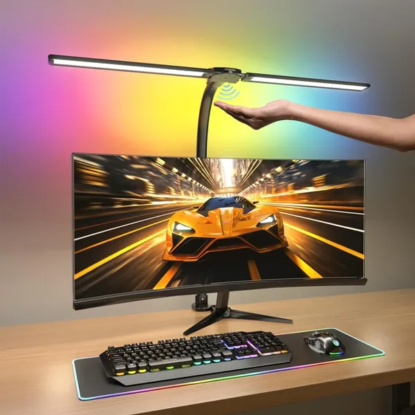 RGB Double Swing Arm Desk Lamp - 24W Ultra Bright Auto Dimming Desk Light, Multi-Angle Adjustment, Touch Control Desktop Lamp- Ideal for Home Office, Gaming, Reading, Work