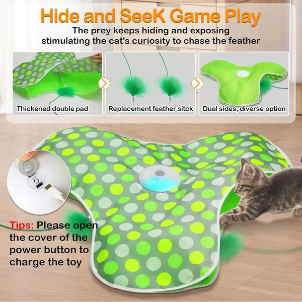 Interactive Cat Toys for Indoor Cats,Hide and Seek Interactive Cat Toy with Real Mouse Squeaky & Moving Concealed Feathers,Touch Activated Cat Kitten Toy Exercise Toy for Indoor Bored Adult Cat