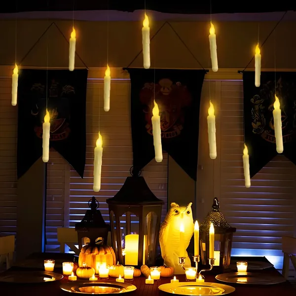 12 Pcs Floating Candles with Wand, Magic Hanging Candles Flameless, Flickering Warm Light LED Taper Candle with Wand Remote, Battery Operated Window Candle for Halloween Witch Wizzard Decor