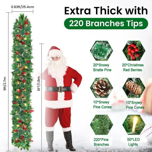 Jripae Pre-Lit Christmas Garland with Lights, 50 LEDs 9FT Christmas Garland Battery Operated Christmas Decoration Lighted Garland for Stairs Railing Fireplace Mantle Front Door Home Holiday Decor