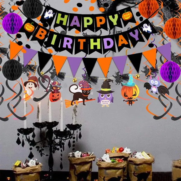 Jripae Halloween Birthday Decorations - Happy Birthday Banner with Honeycomb Ball, Halloween Hanging Swirl Streamer, Circle Dot Garland Decorations - Halloween theme Birthday Party Decoration