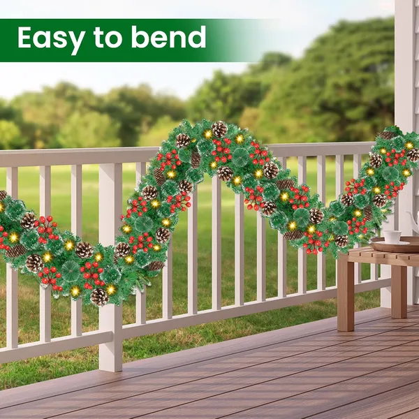 Jripae Pre-Lit Christmas Garland with Lights, 50 LEDs 9FT Christmas Garland Battery Operated Christmas Decoration Lighted Garland for Stairs Railing Fireplace Mantle Front Door Home Holiday Decor