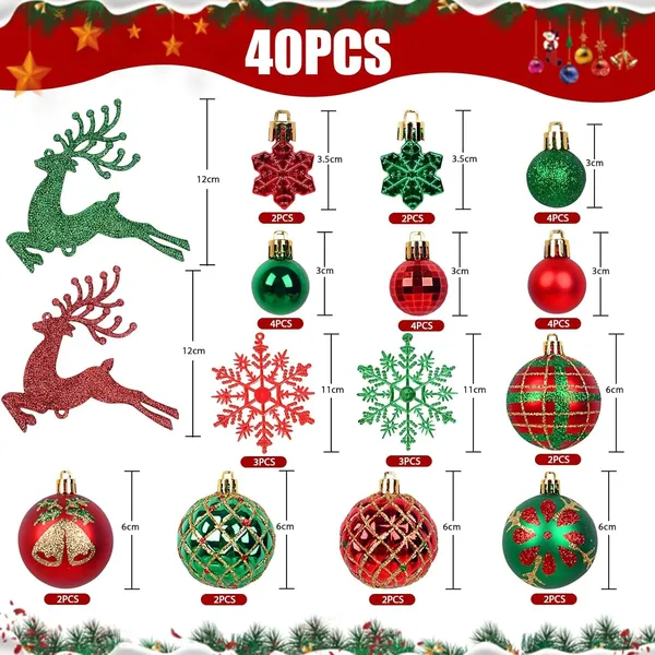 Christmas Tree Ornaments, Green Red Christmas Ball Ornaments Set of 40 Pack Shatterproof Plastic Xmas Decorations for Home Party Tree