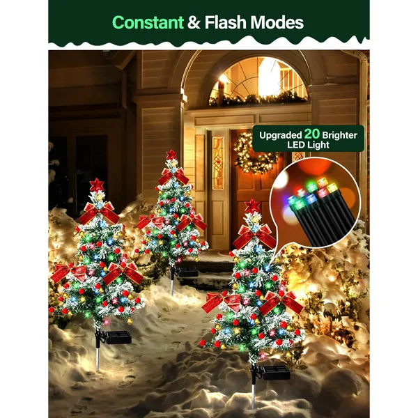 2PCS Solar Christmas Trees Lights Outdoor Decor Waterproof, 40LED Small Metal Xmas Tree Pathway Lights, Garden Stake Lights Yard Decor with Snow 2 Modes for Path Lawn Patio