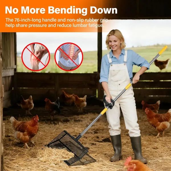 Pet Deluxe 2-in-1 Chicken Poop Scooper & Rake,12" Heavy Duty Sifting Shovel for Coop Cleaning, Adjustable 26" to 76" Stainless Steel Handle for Cleaning Cat Litter, Beach Sand, Small Farms, Pet Waste