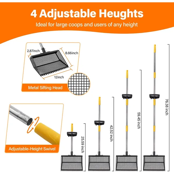 Pet Deluxe 2-in-1 Chicken Poop Scooper & Rake,12" Heavy Duty Sifting Shovel for Coop Cleaning, Adjustable 26" to 76" Stainless Steel Handle for Cleaning Cat Litter, Beach Sand, Small Farms, Pet Waste