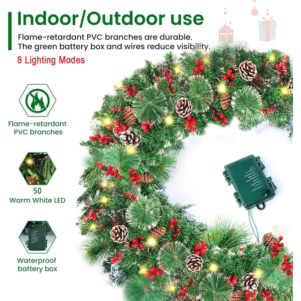 Jripae Pre-Lit Christmas Garland with Lights, 50 LEDs 9FT Christmas Garland Battery Operated Christmas Decoration Lighted Garland for Stairs Railing Fireplace Mantle Front Door Home Holiday Decor