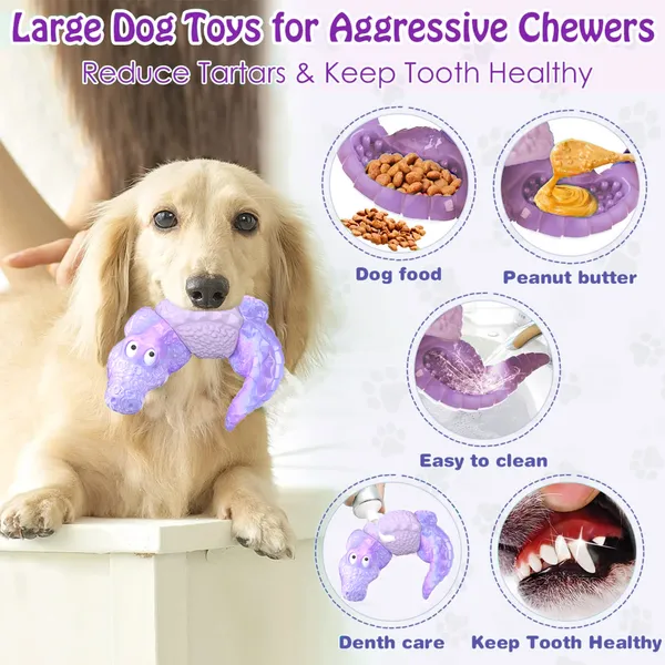 Dog Toys for Super Aggresive Chewers Indestructible Interactive Tough Dog Chew Crocodile Toy Heavy Duty Durable Toys Teeth Cleaning for Large Medium Dogs (Purple)