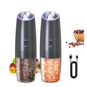 AsFrost 2 Pack Rechargeable Electric Salt and Pepper Grinder Set, Gravity Automatic Pepper Mill with LED Light, Adjustable Coarseness, USB Type-C