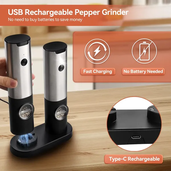 Rechargeable Electric Salt and Pepper Grinder Set, Stainless Steel