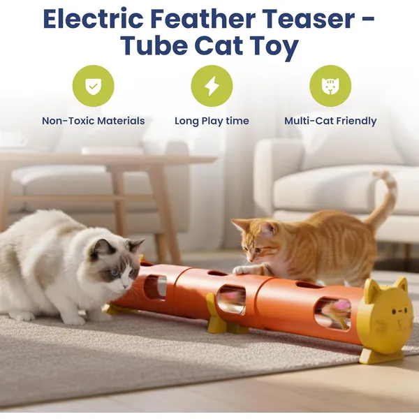URRU Interactive Cat Toy for Indoor Cats,Electric Feather Teaser Cat Toys,Cat Tunnel Tube Toy,USB Rechargeable Self-Play Enrichment Toy for Bored Cats