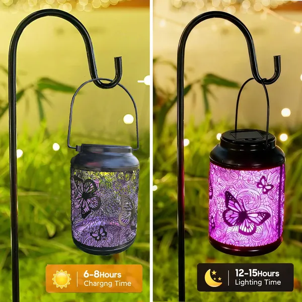 COCOBELA 2 Pack Butterfly Solar Lanterns Outdoor Hanging, Hollowed-Out Metal Waterproof LED Garden Decor Light for Patio Yard Pathway Lawn Front Porch, Christmas Thanksgiving Birthday Gifts for Women
