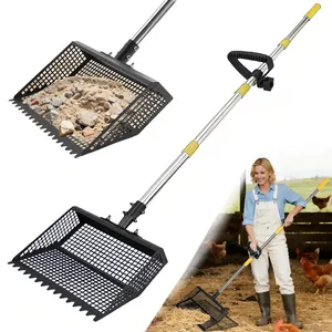 Pet Deluxe 2-in-1 Chicken Poop Scooper & Rake,12" Heavy Duty Sifting Shovel for Coop Cleaning, Adjustable 26" to 76" Stainless Steel Handle for Cleaning Cat Litter, Beach Sand, Small Farms, Pet Waste
