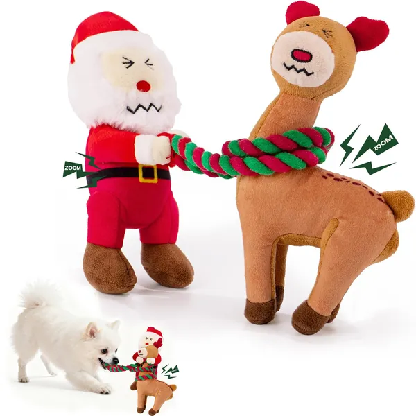 URRU Christmas Dog Toys - 2 Pack Squeaky Stuffed Toys for Large Medium Small Dogs With Detachable Rope, Crinkle to Keep Them Busy - Santa Claus & Reindeer