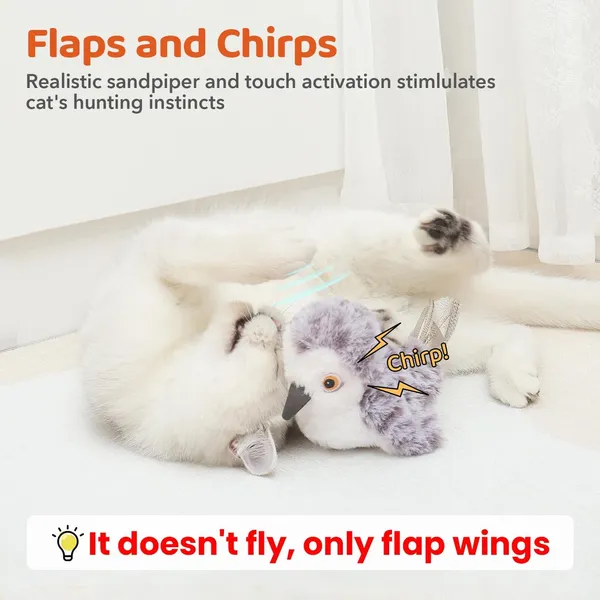 URRU Interactive Cat Toys Flapping Bird 4 in, Lifelike Sandpiper Chirp Tweet, Rechargeable Touch Activated Kitten Toy Interactive Cat Exercise Toys for Indoor Cat Kicker Catnip Toys