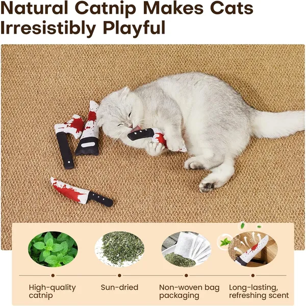URRU 4Pcs Cat Toys, Horror Halloween Knife-Shaped Kitten Catnip Crinkly Sound Toys, Indoor Exercise for All Cat Breeds 6.5 Inches