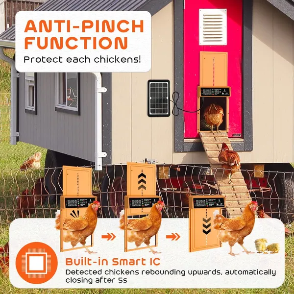 Automatic Chicken Coop Door Solar Powered Automatic Chicken Door with Timer & Light Sensor, Anti-Pinch, Durable Aluminum Auto Chicken Door, Charge with Solar Panel & USB