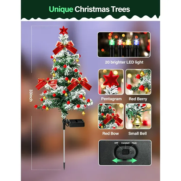 2PCS Solar Christmas Trees Lights Outdoor Decor Waterproof, 40LED Small Metal Xmas Tree Pathway Lights, Garden Stake Lights Yard Decor with Snow 2 Modes for Path Lawn Patio