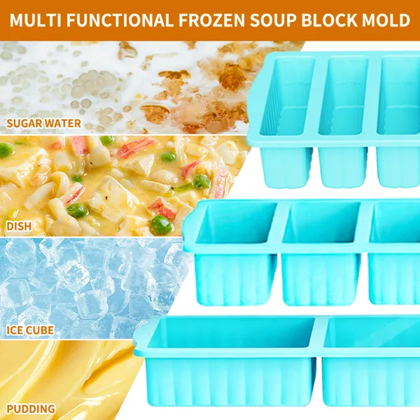AsFrost 3Pack Silicone Freezer Trays with Lid,2 Large 2-Cup(500ml)&4 Medium 1-Cup(125ml)&6 Small 1/2-Cup(75ml) Soup Freezer Container Molds,Ice Cube Tray For Meal Prep&Freezing Soup,Stews,Sauces